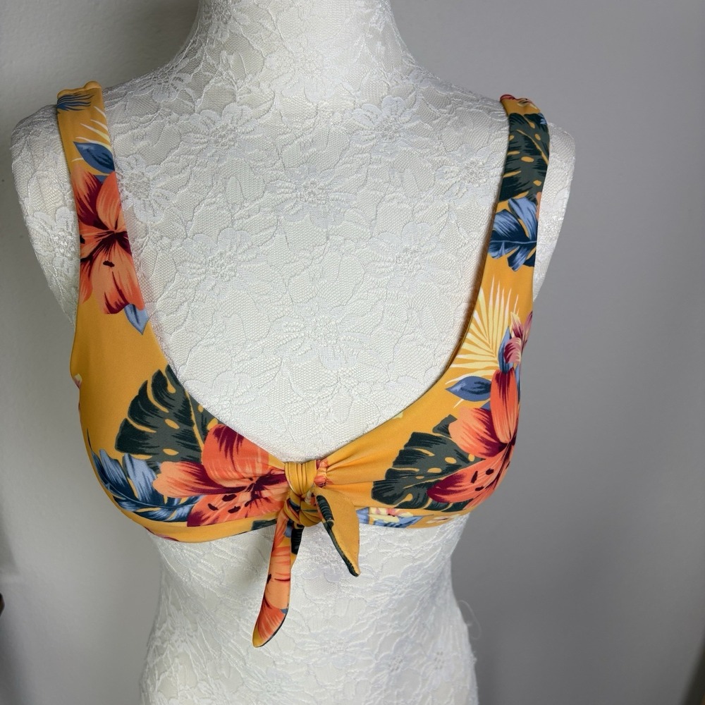 Hollister Women S Yellow Bikini Top Tropical Beachy Front Tie Nylon Blend